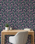 Evening Garden pink floral peel and stick wallpaper as a feature wall in a bright home office