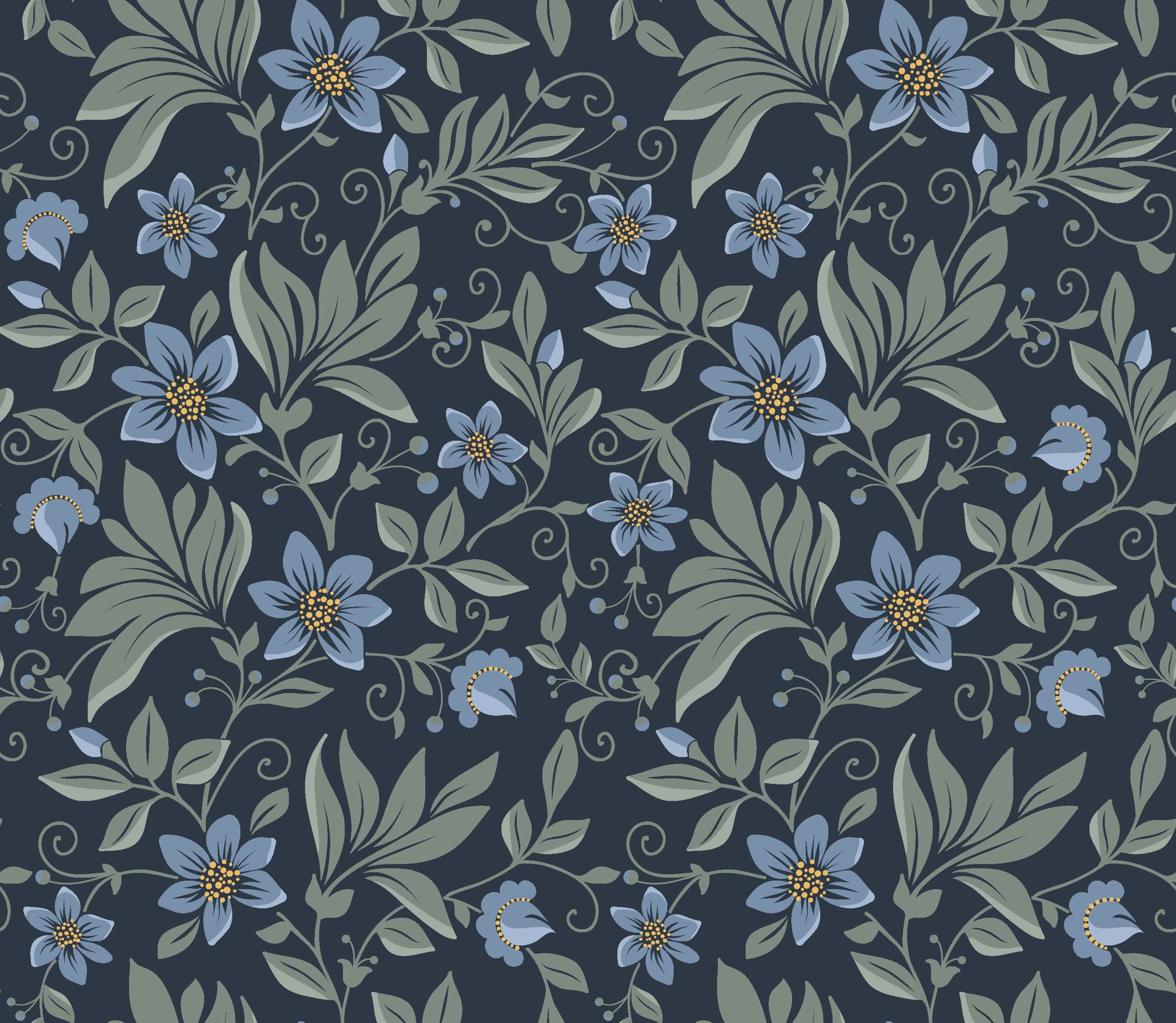 Self-adhesive wallpaper featuring a botanical floral print in deep navy blue and soft sage green hues.