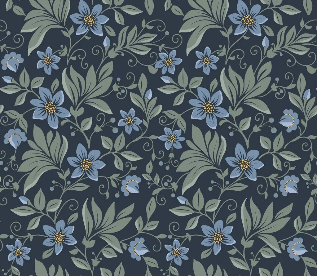 Evening Whisper navy blue vintage floral vine wallpaper