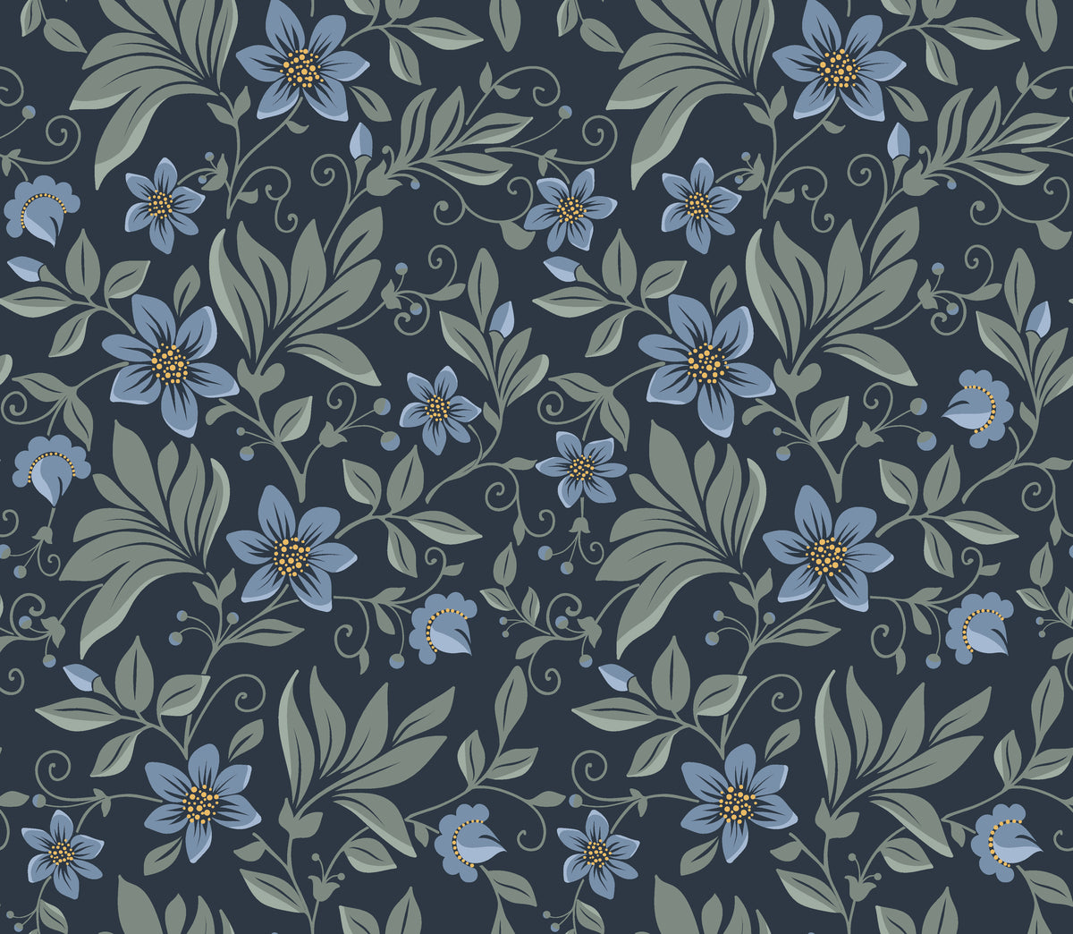 Evening Whisper navy blue vintage floral vine wallpaper