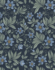 Self-adhesive wallpaper featuring a botanical floral print in deep navy blue and soft sage green hues.