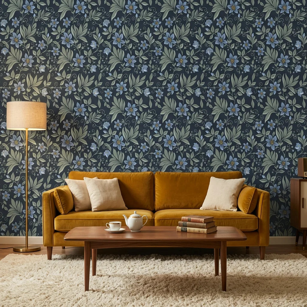 Evening Whisper navy blue vintage floral vine wallpaper in a warm and inviting living room