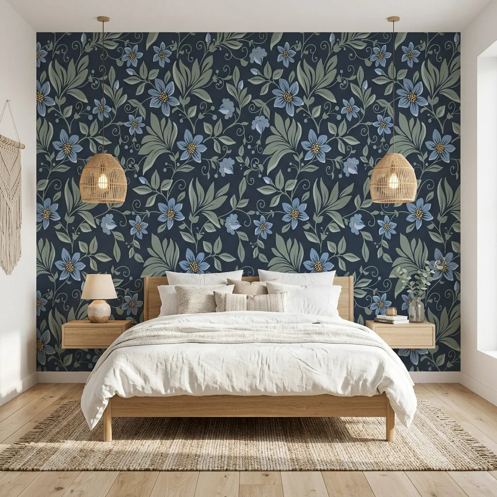 Evening Whisper navy blue vintage floral vine wallpaper adding character to a cozy bedroom