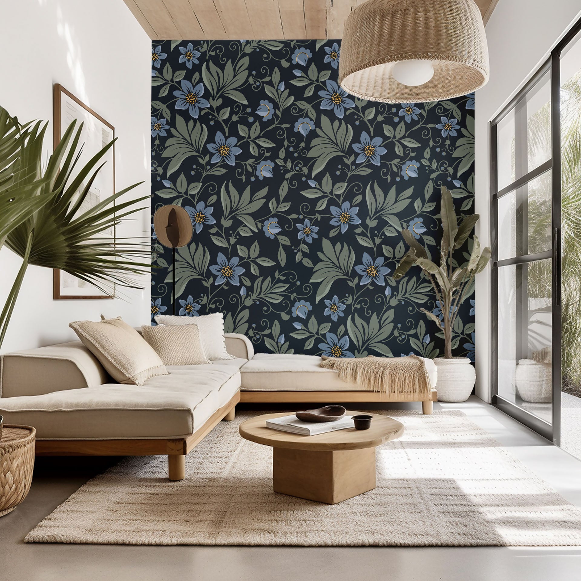 Self-adhesive, removable wallpaper in a sage green and navy blue botanical floral pattern, named 'Evening Whisper'
