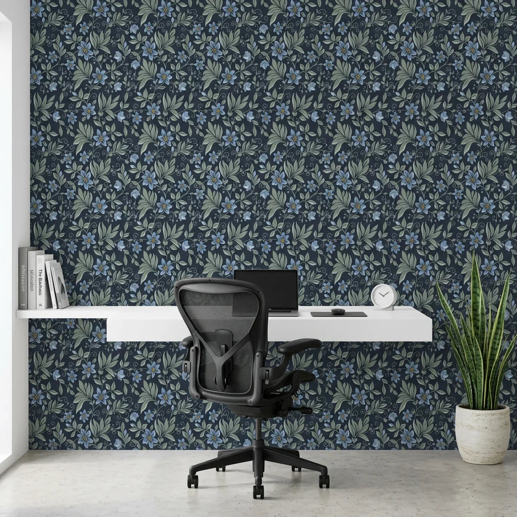 Evening Whisper navy blue vintage floral vine wallpaper as a feature wall in a bright home office