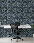 Evening Whisper navy blue vintage floral vine wallpaper as a feature wall in a bright home office