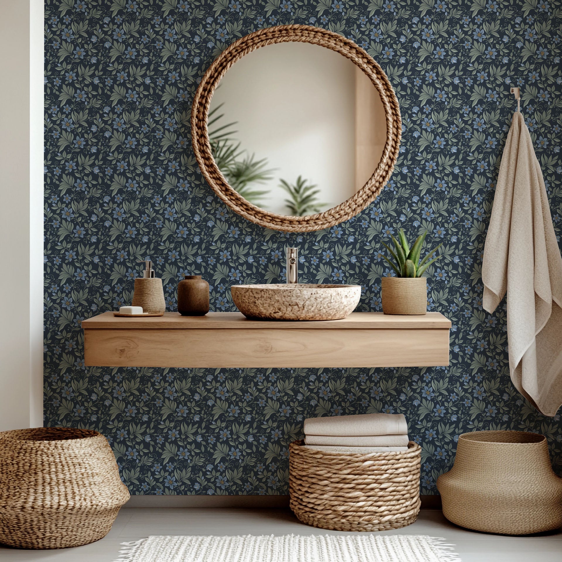 Self-adhesive wall covering featuring an Evening Whisper botanical print in deep blue and sage tones