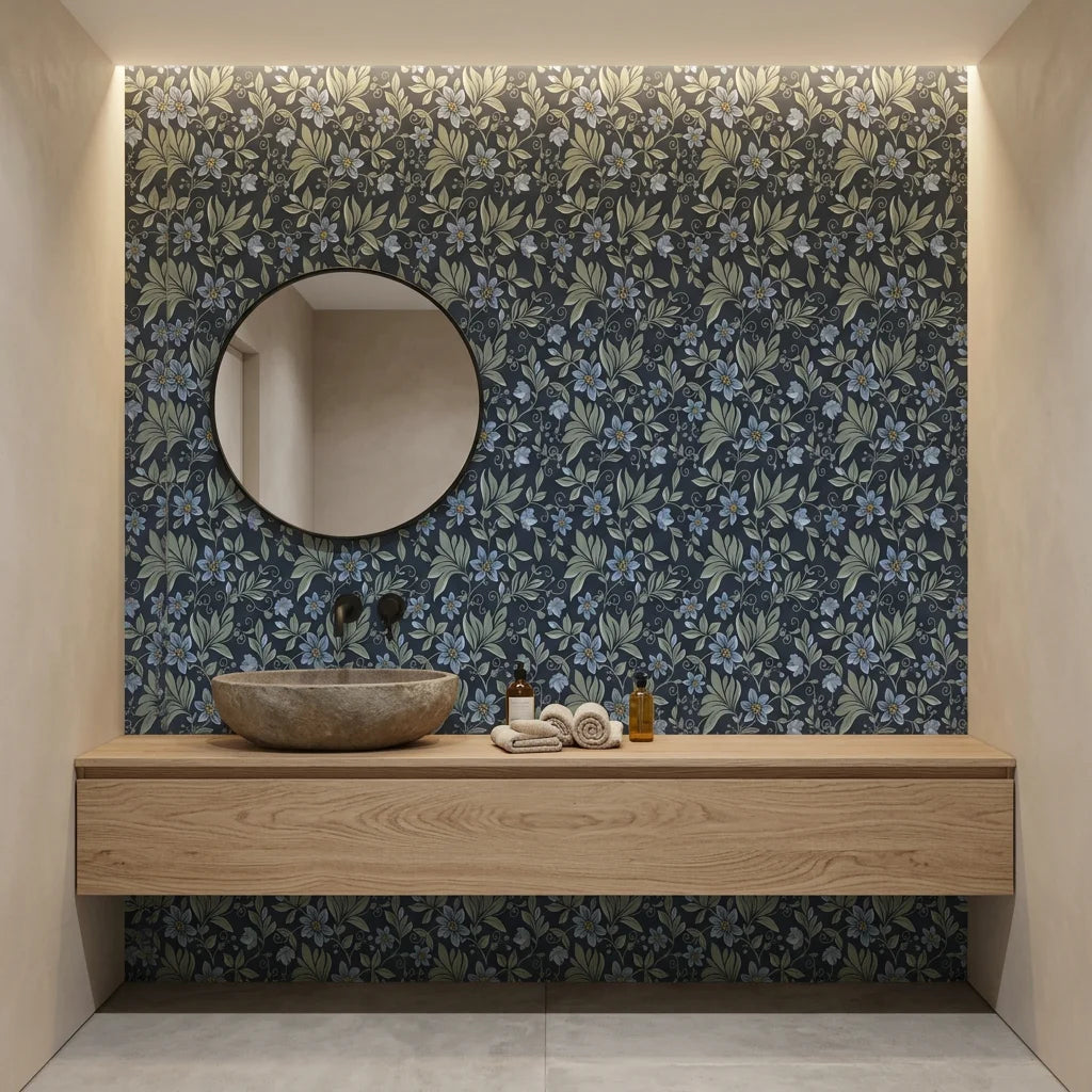 Evening Whisper navy blue vintage floral vine wallpaper creating ambiance in a serene bathroom