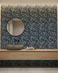 Evening Whisper navy blue vintage floral vine wallpaper creating ambiance in a serene bathroom