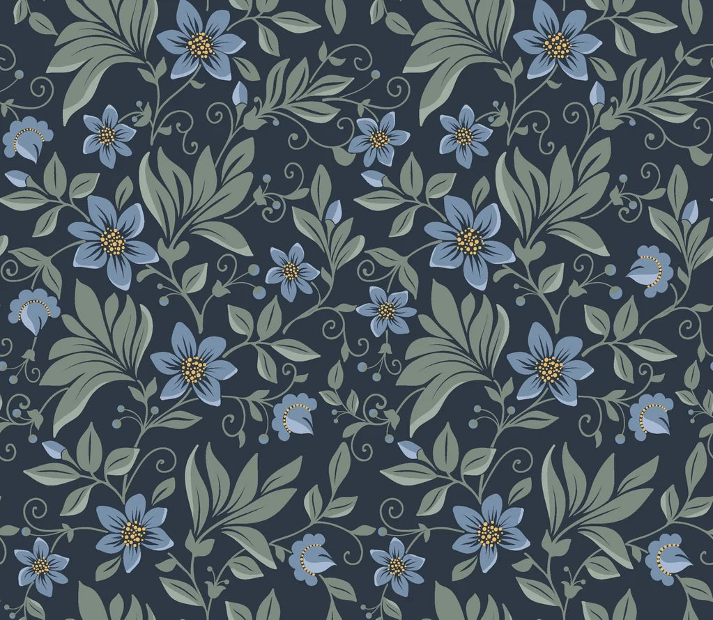 Self-adhesive wallpaper featuring a botanical floral print in deep navy blue and soft sage green hues.
