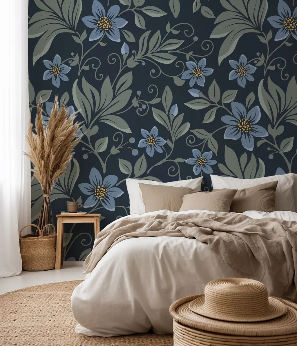 Removable wallpaper in a sage green and navy blue botanical floral print