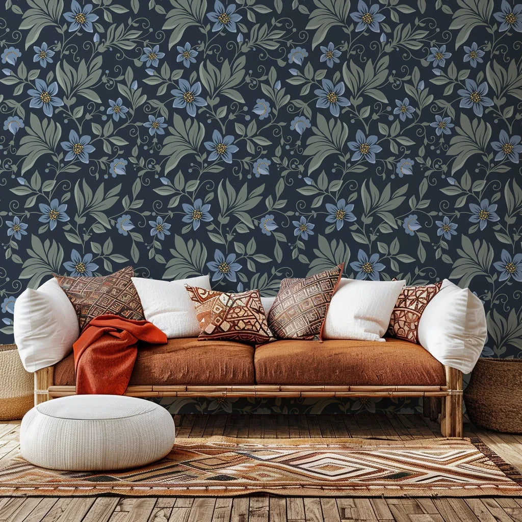 Self-adhesive botanical print wall covering in sage green and navy blue colors, named Evening Whisper