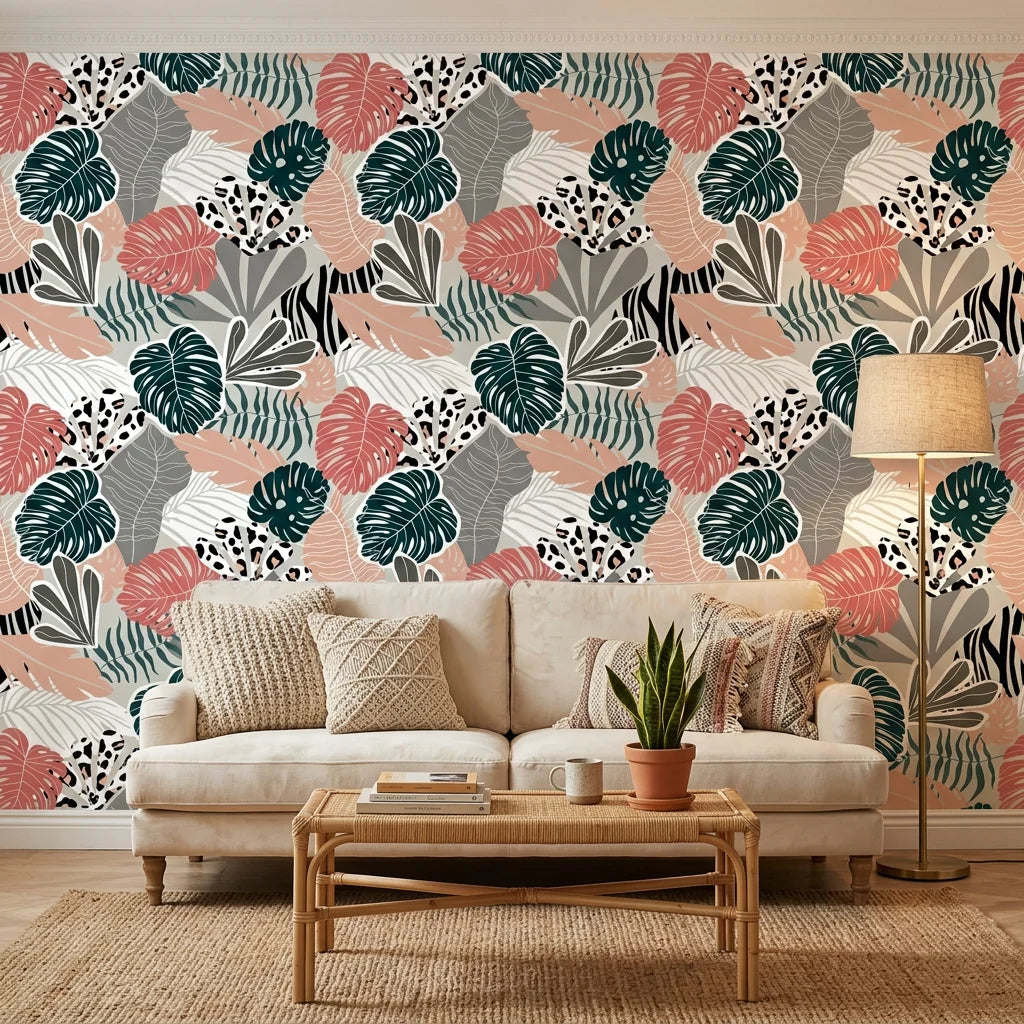 Exotic Whispers subtle tropical wallpaper in a warm and inviting living room