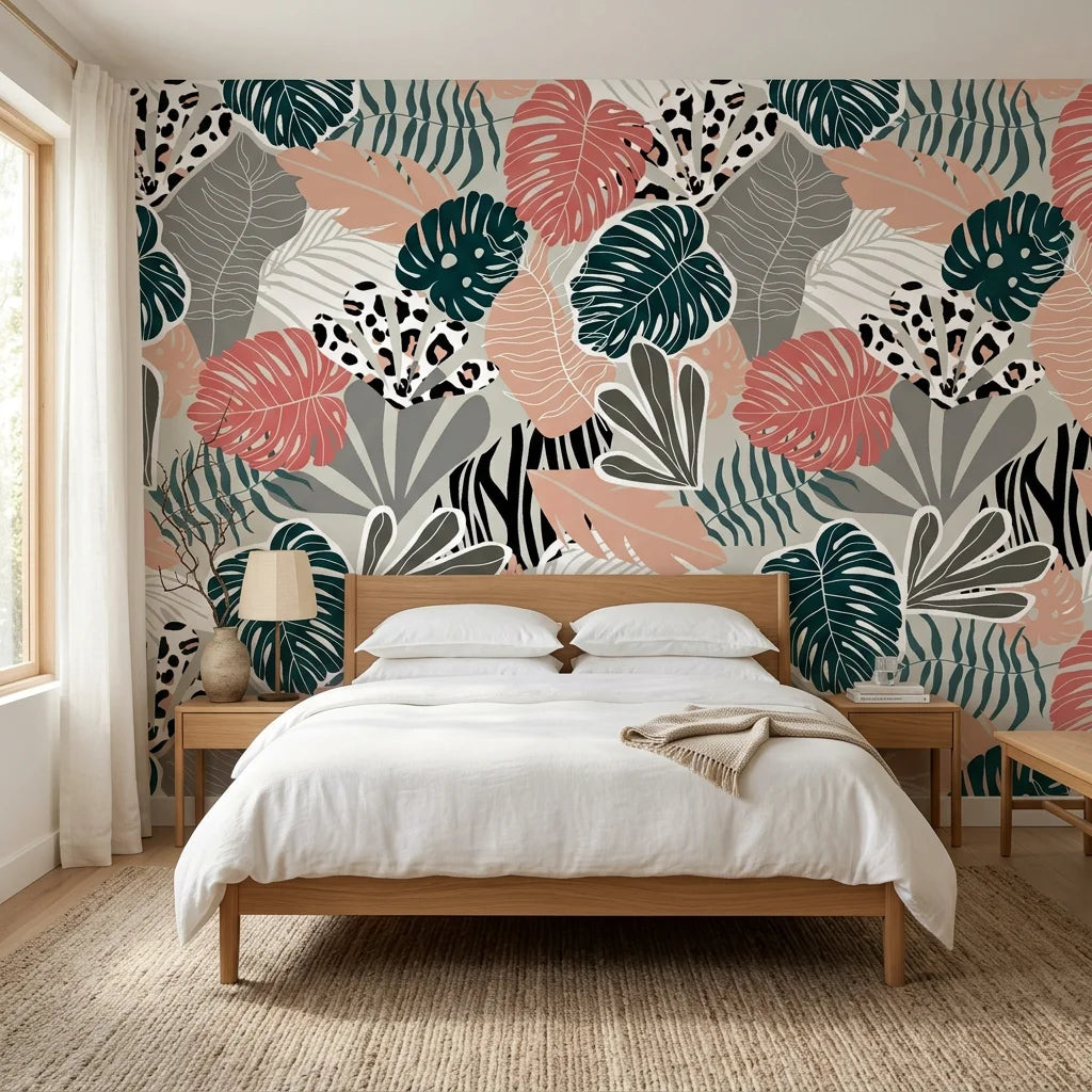 Exotic Whispers subtle tropical wallpaper adding character to a cozy bedroom