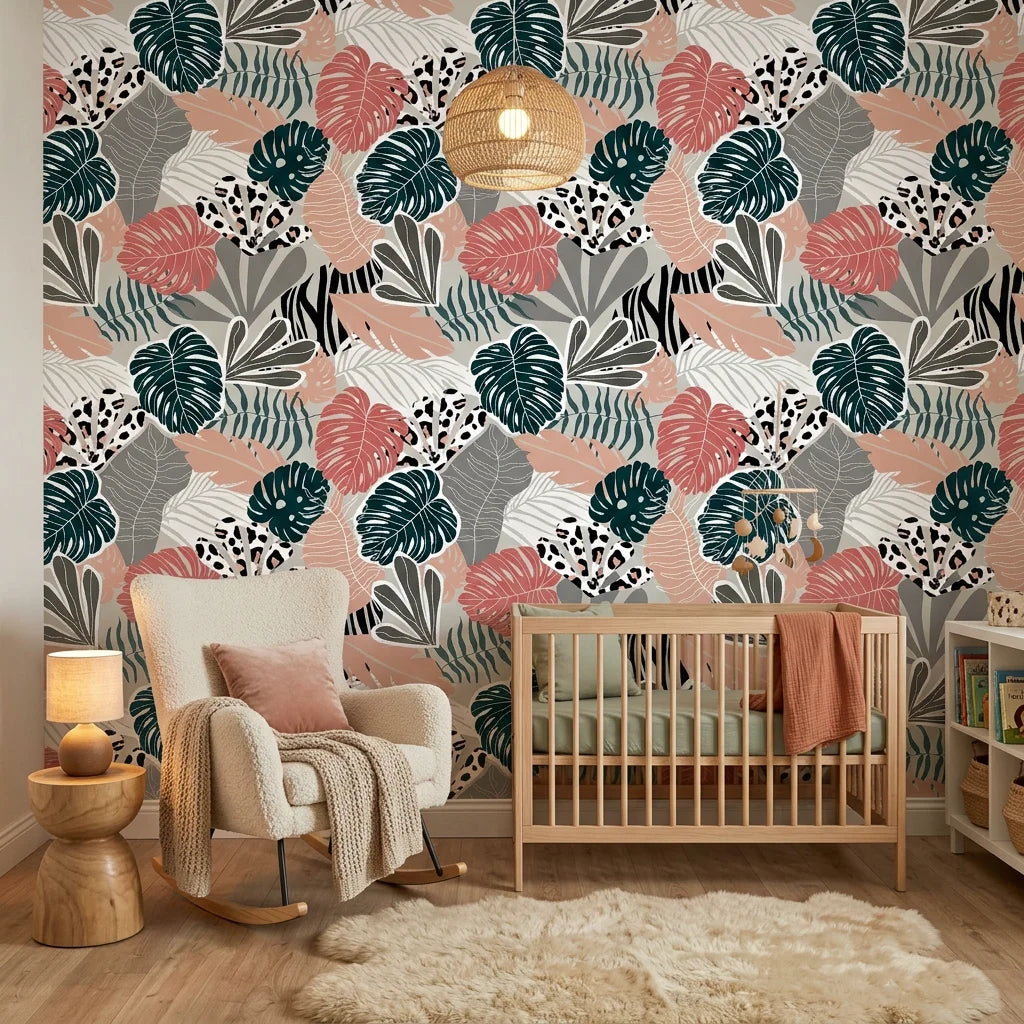 Exotic Whispers subtle tropical wallpaper as a feature wall in a bright home office