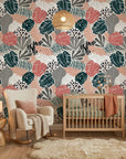 Exotic Whispers subtle tropical wallpaper as a feature wall in a bright home office