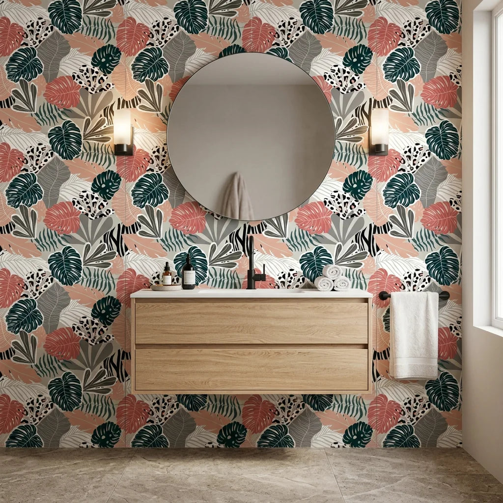 Exotic Whispers subtle tropical wallpaper creating ambiance in a serene bathroom