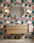 Exotic Whispers subtle tropical wallpaper creating ambiance in a serene bathroom