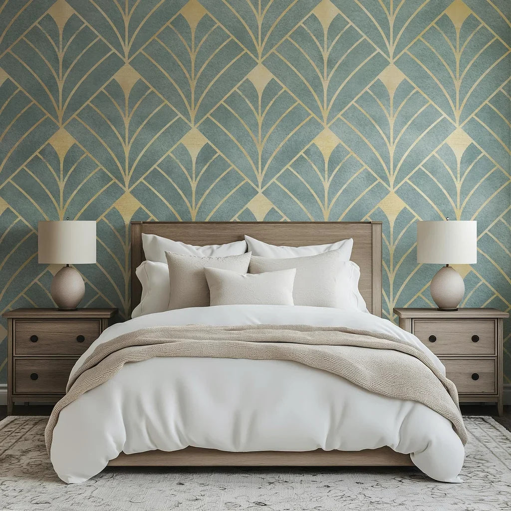 Wallpaper pattern in the Art Deco style, displaying teal arch shapes and thin gold lines