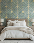Wallpaper pattern in the Art Deco style, displaying teal arch shapes and thin gold lines