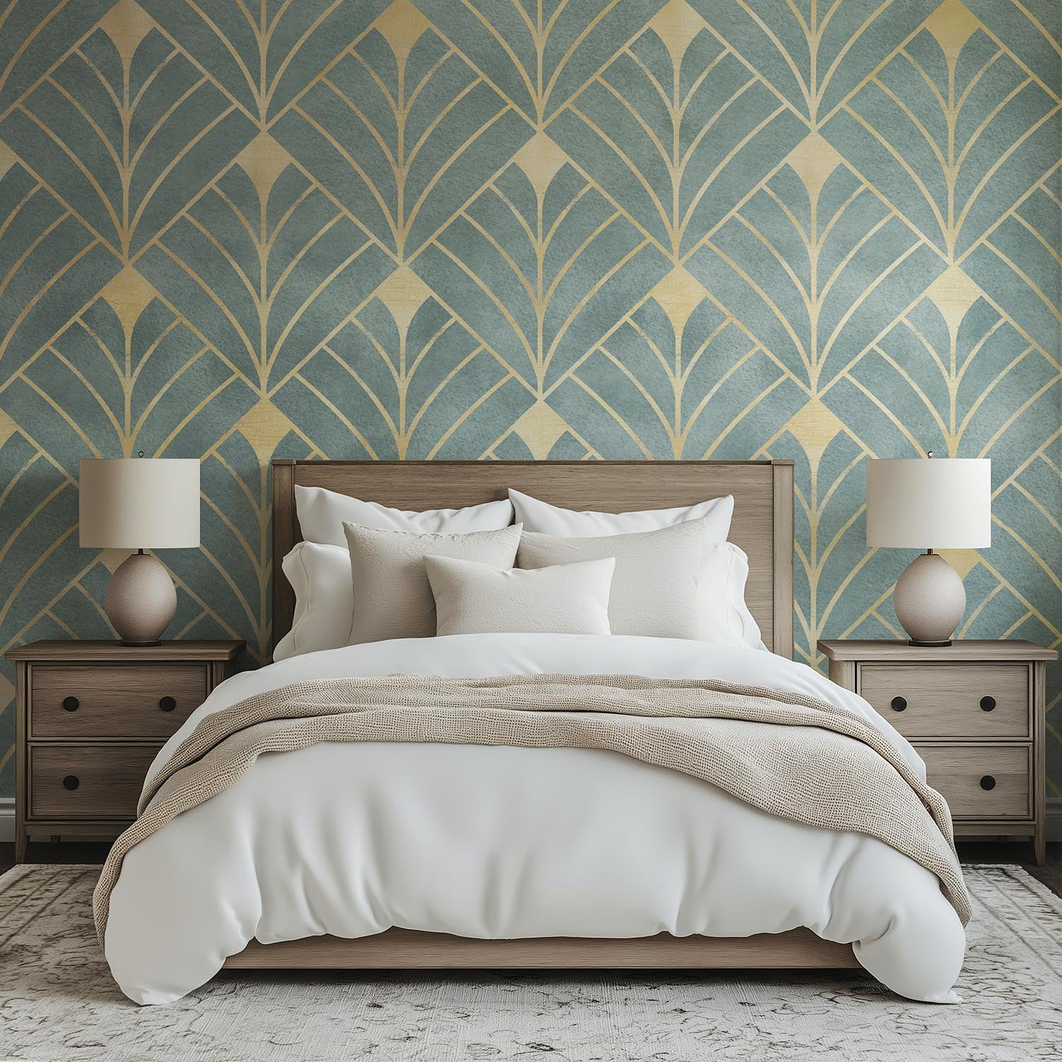 art deco wallpaper with gold linework and teal arches