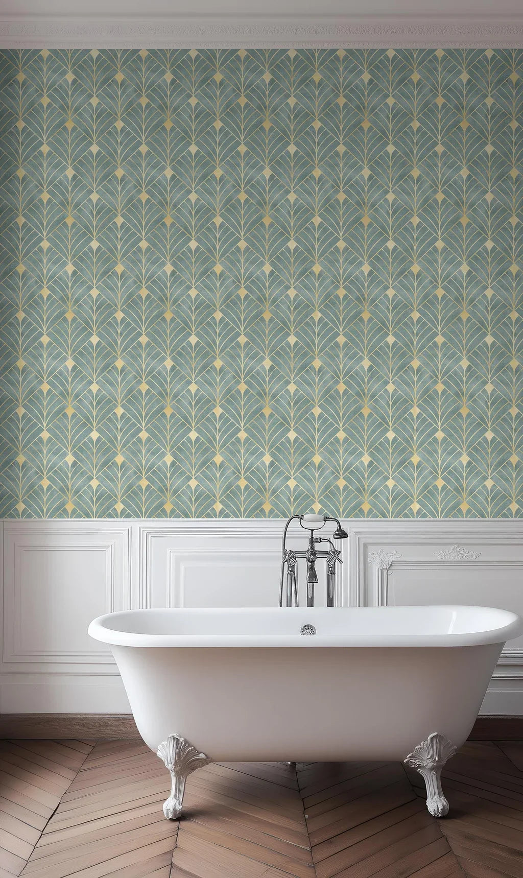 Angular and geometric design wallpaper in teal and gold colors