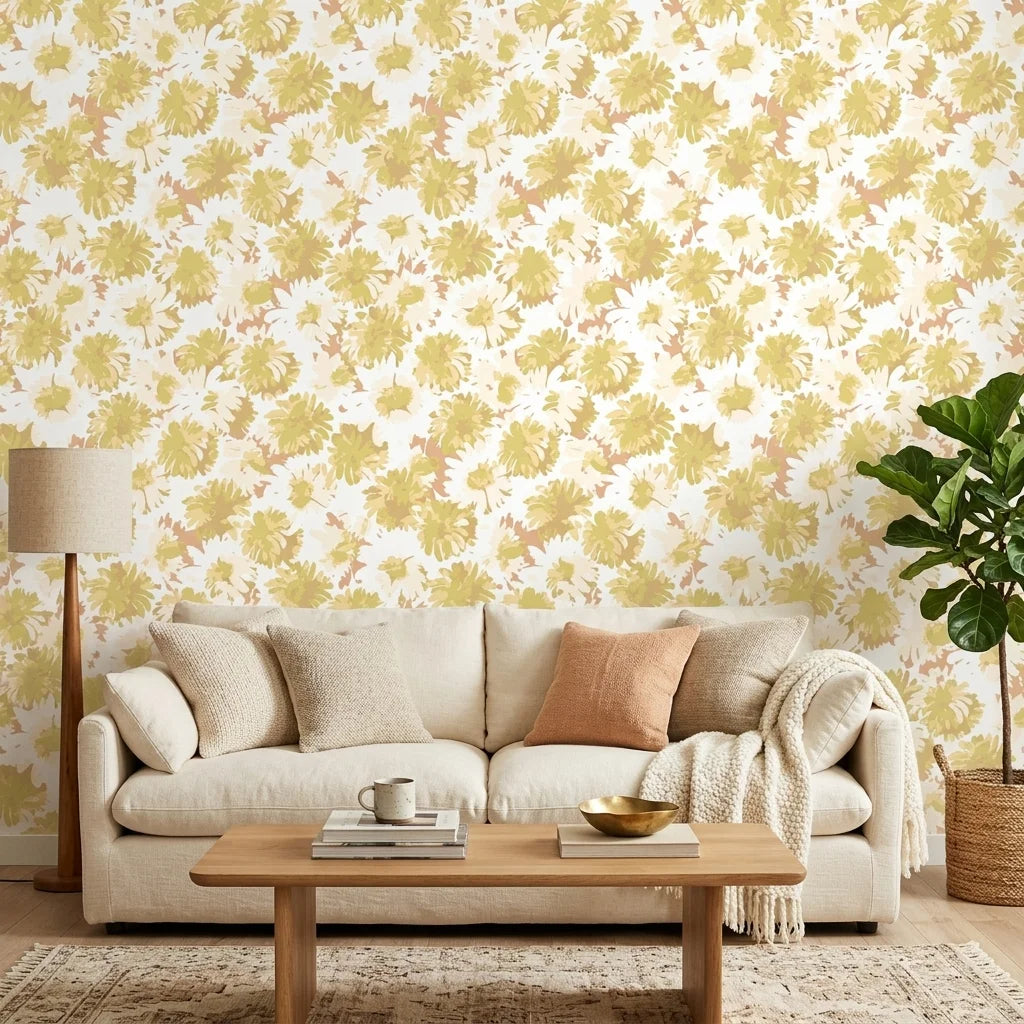 Faded Blooms vintage floral peel and stick wallpaper in a warm and inviting living room