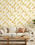 Faded Blooms vintage floral peel and stick wallpaper in a warm and inviting living room