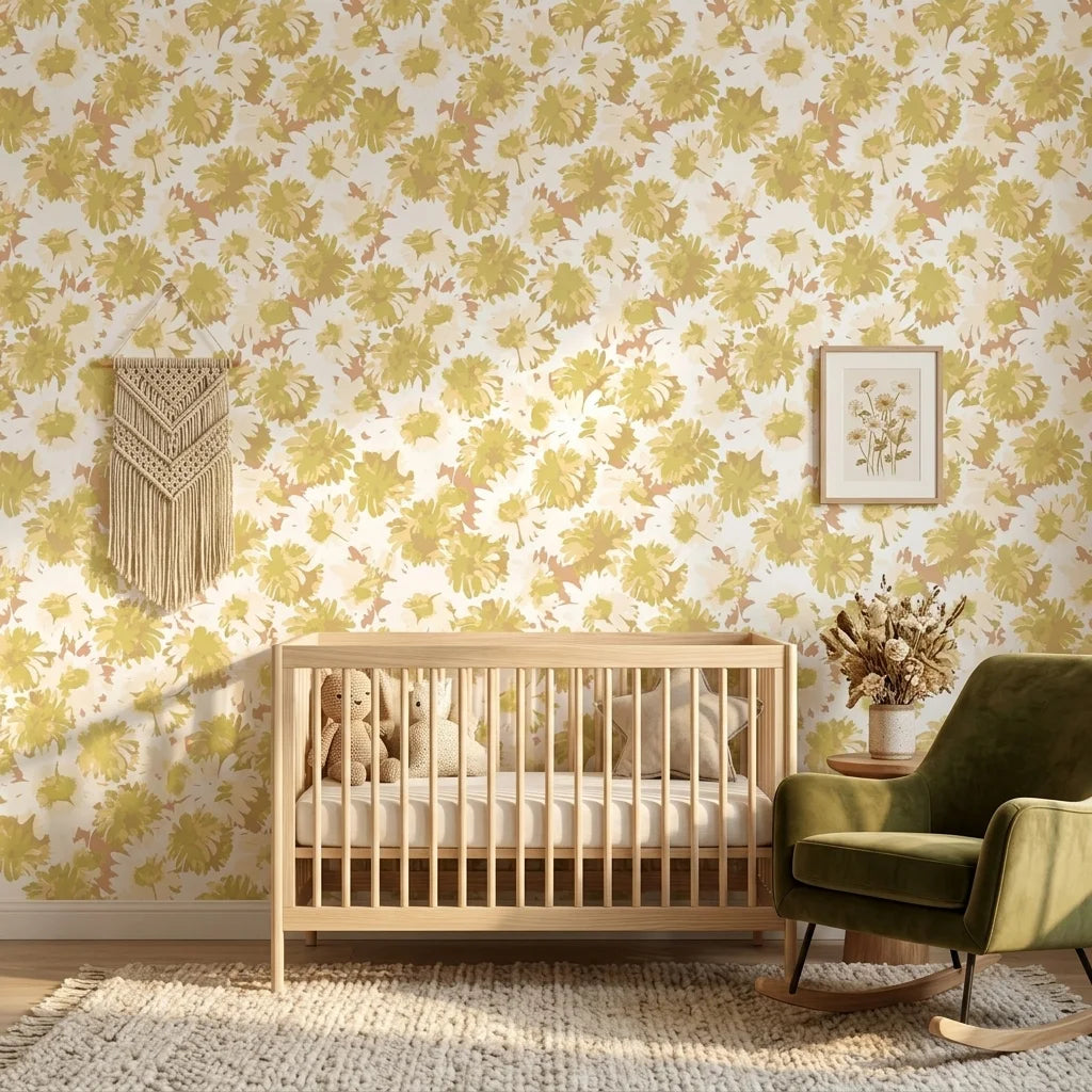 Faded Blooms vintage floral peel and stick wallpaper bringing warmth to a peaceful nursery