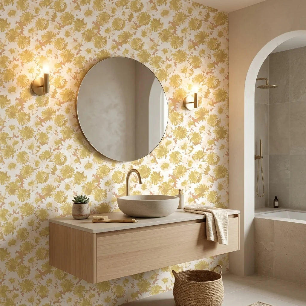 Faded Blooms vintage floral peel and stick wallpaper creating ambiance in a serene bathroom