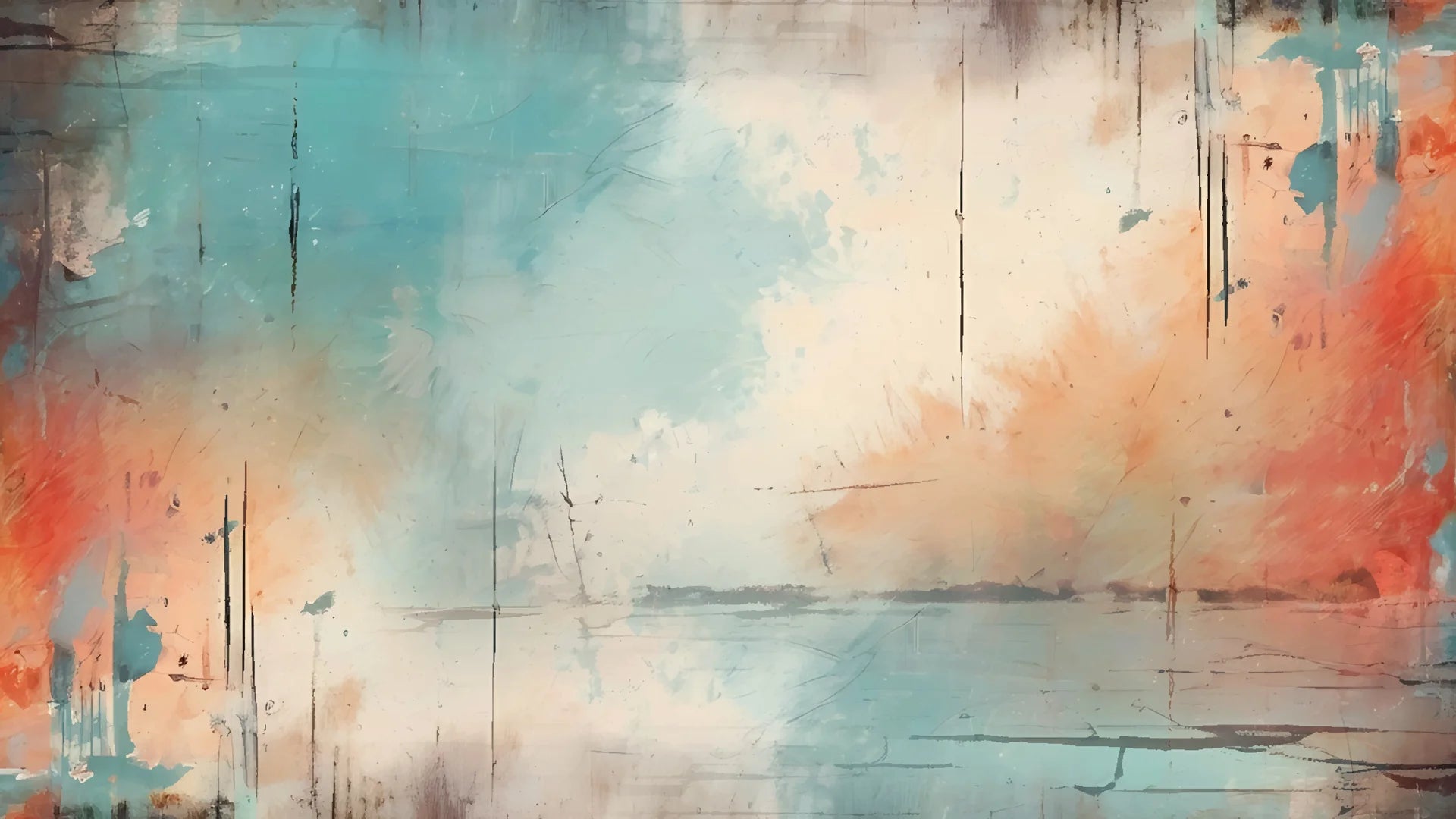 Faded Fresco teal and coral abstract wallpaper creating ambiance in a serene bathroom