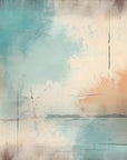 Faded Fresco teal and coral abstract wallpaper creating ambiance in a serene bathroom