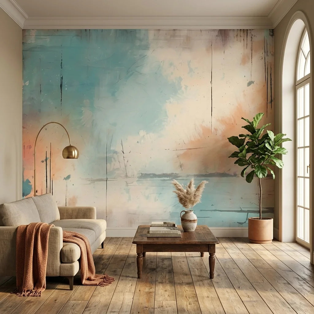 Matte teal and coral weathered fresco peel and stick wallpaper - Faded Fresco