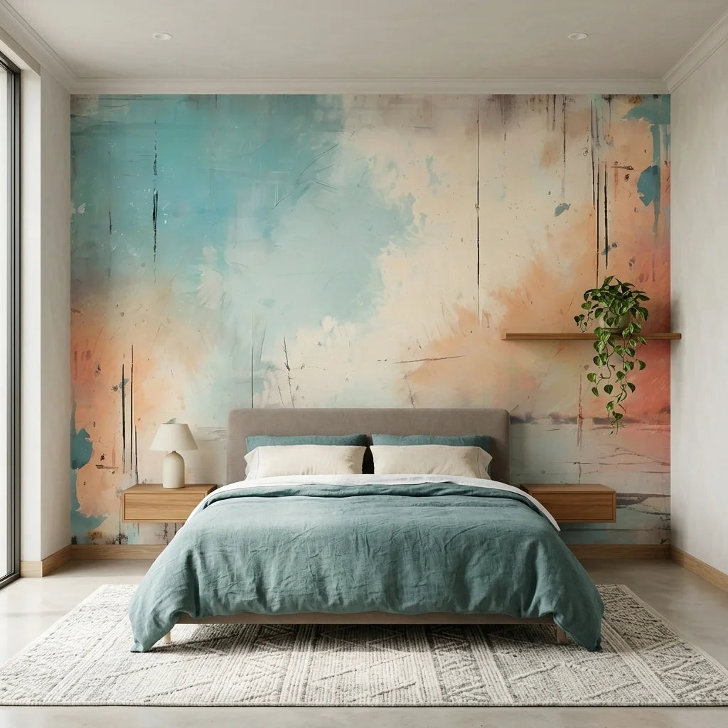 Faded Fresco teal and coral abstract wallpaper in a warm and inviting living room