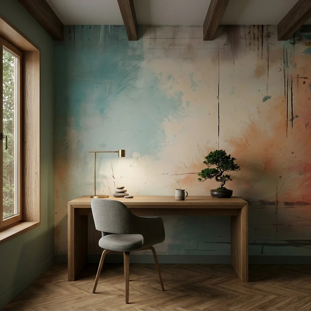 Faded Fresco teal and coral abstract wallpaper adding character to a cozy bedroom
