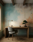 Faded Fresco teal and coral abstract wallpaper adding character to a cozy bedroom
