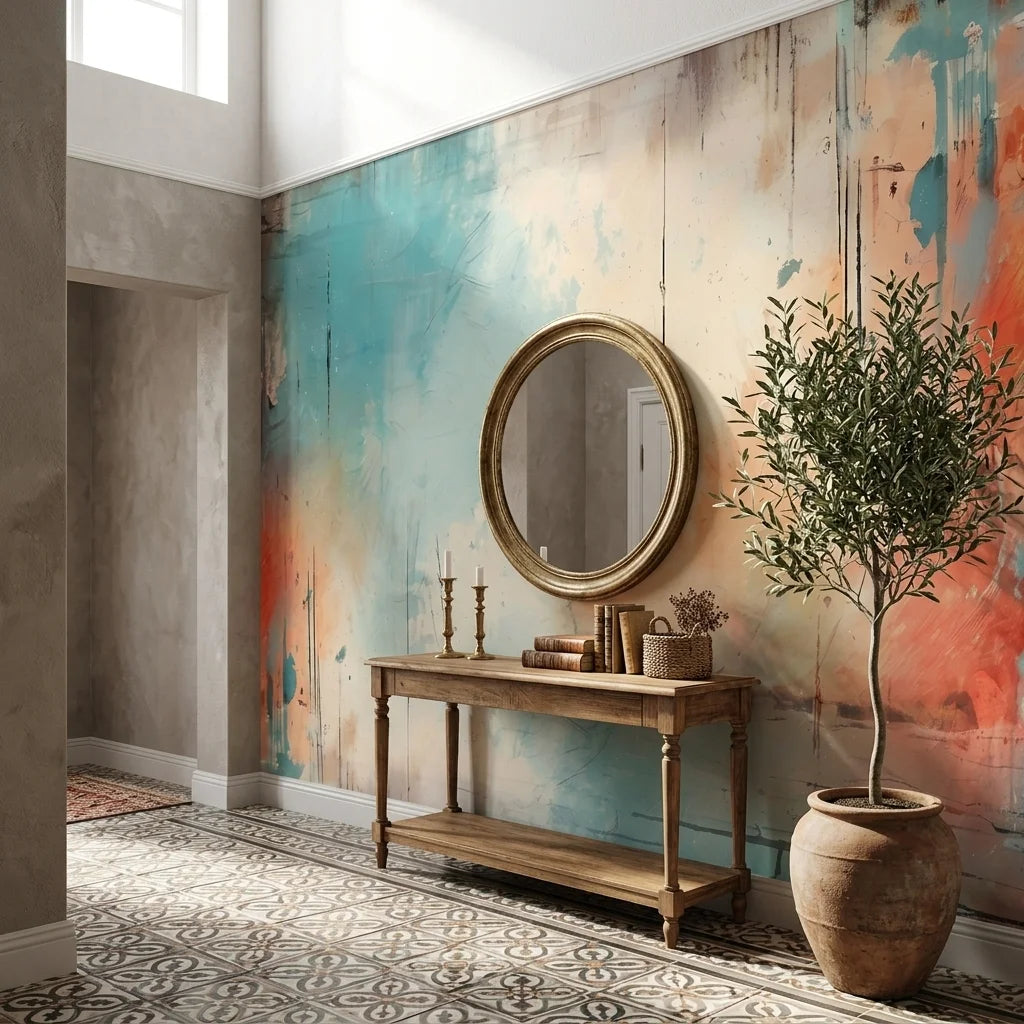 Faded Fresco teal and coral abstract wallpaper as a feature wall in a bright home office