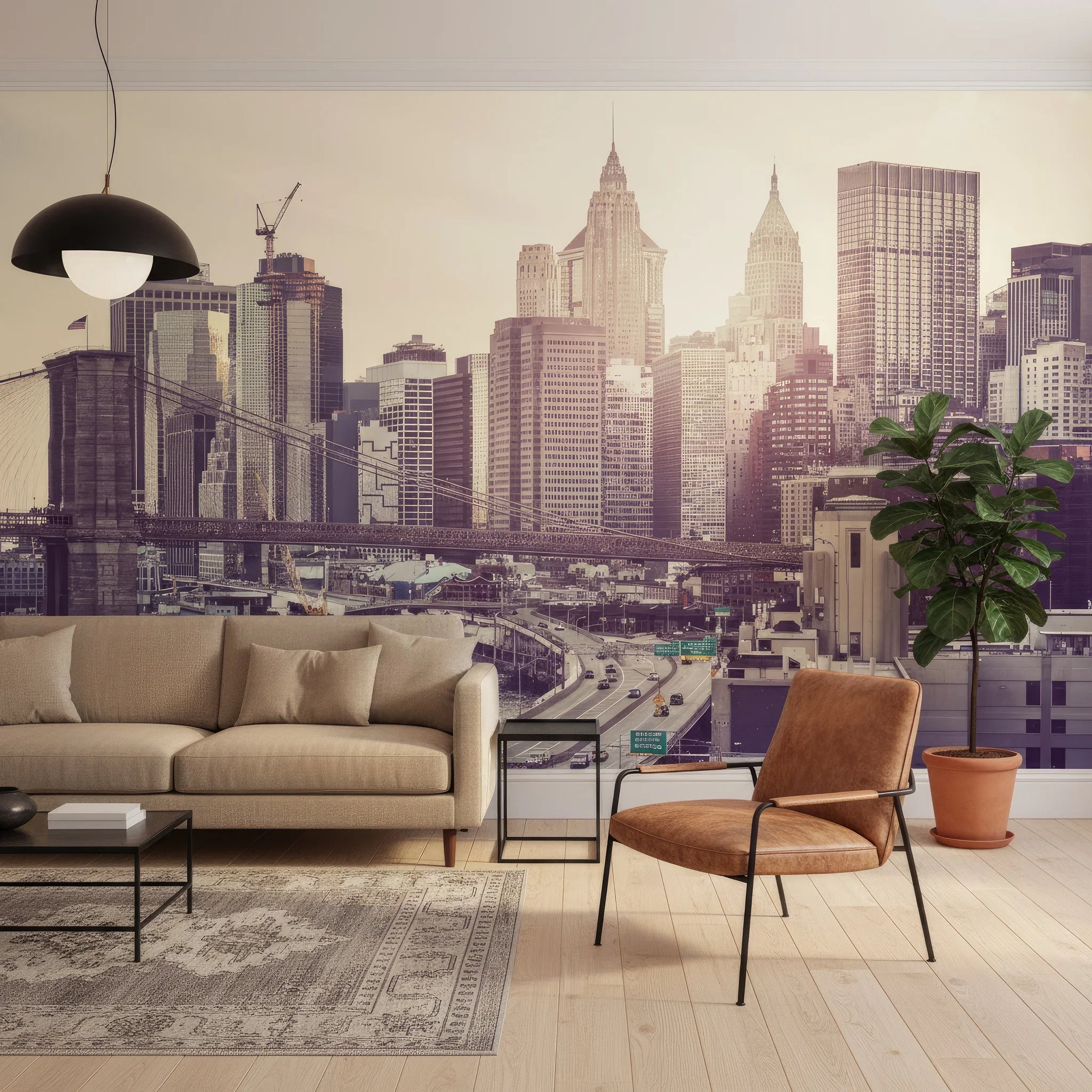 Faded Glory New York skyline mural wallpaper featuring Brooklyn Bridge and sepia-toned skyscrapers in modern living room