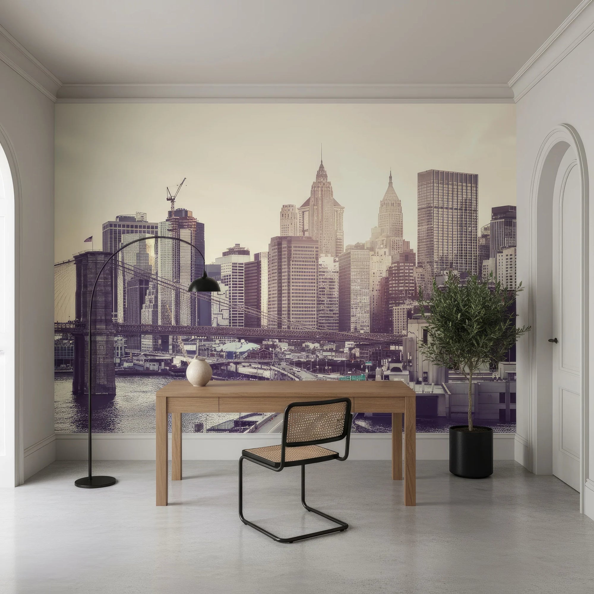 Sepia-toned New York City skyline wallpaper featuring Brooklyn Bridge in modern home office