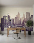 Sepia-toned New York City skyline wallpaper featuring Brooklyn Bridge in modern home office
