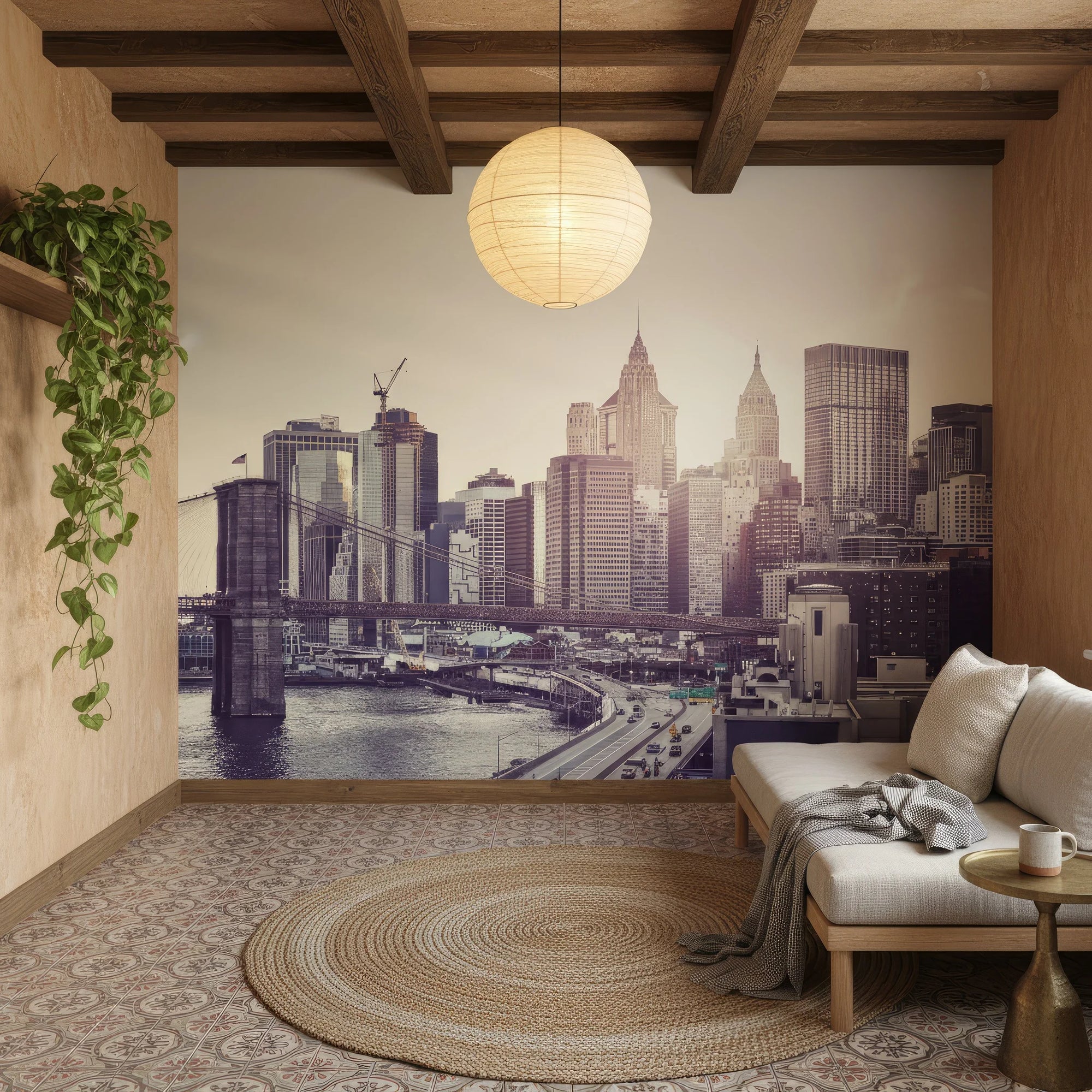 Faded Glory Brooklyn Bridge mural wallpaper in sepia tones on rustic living room wall