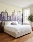 Sepia and cream Faded Glory cityscape mural wallpaper featuring Brooklyn Bridge in modern bedroom