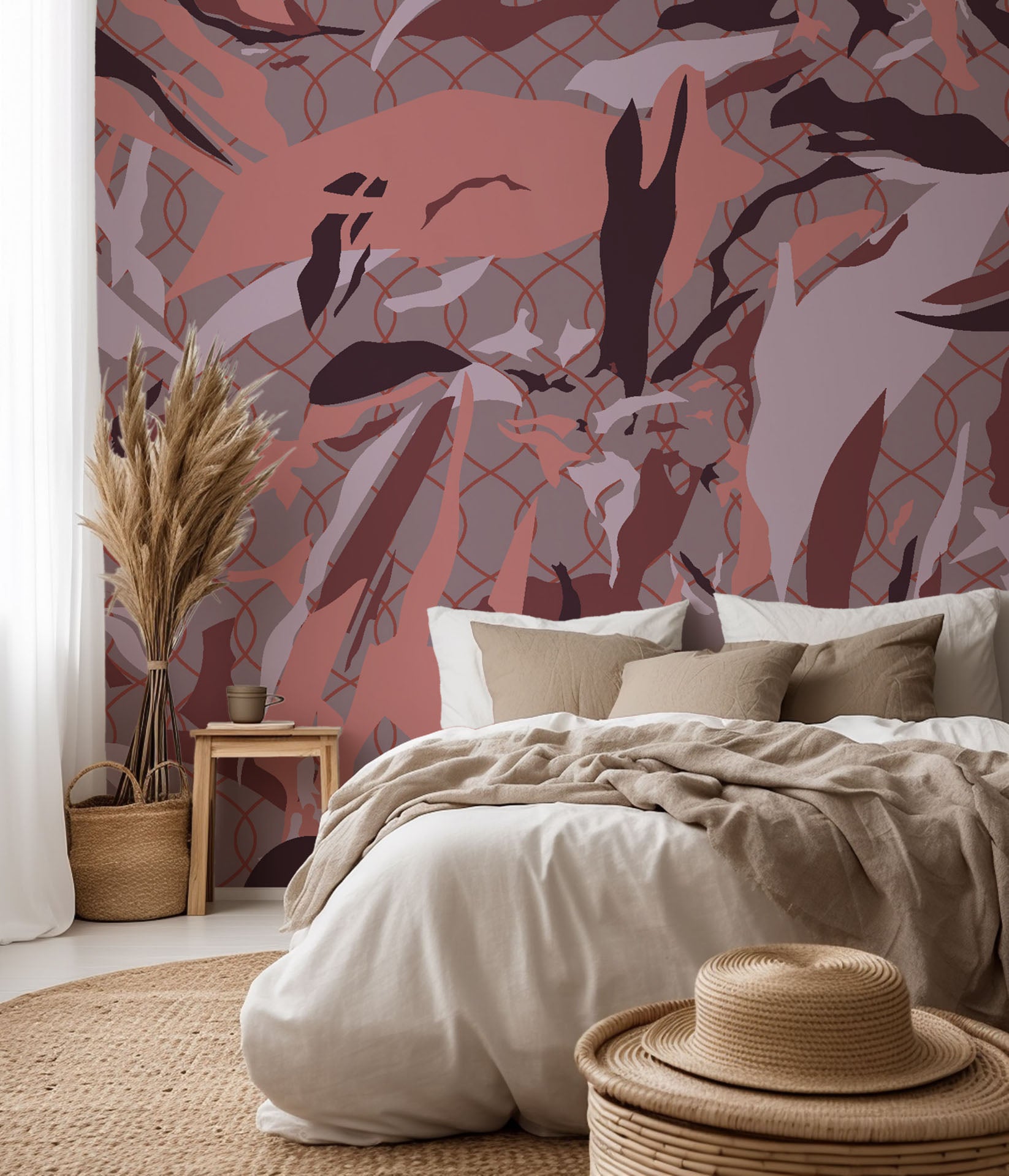 Self-adhesive wall covering featuring an abstract blush and burgundy camouflage lattice pattern