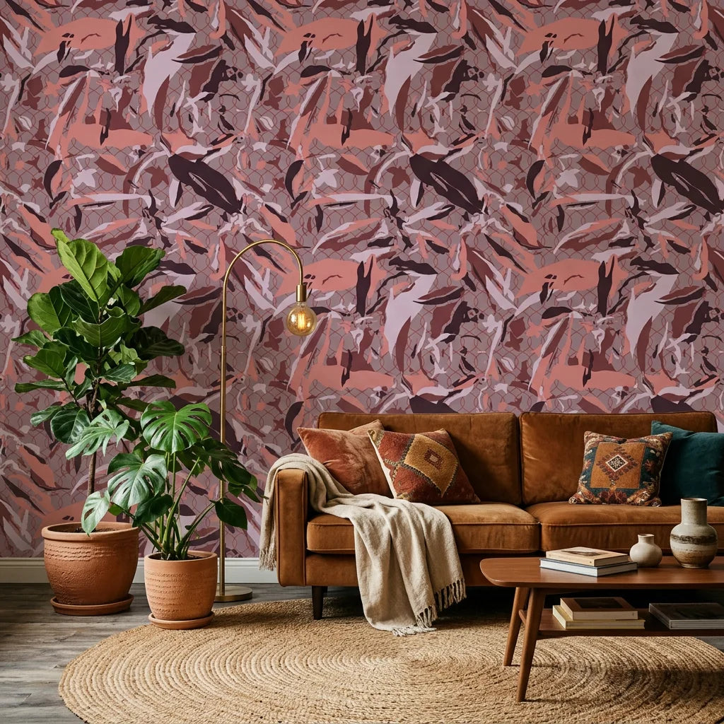 Faded Lattice dusty pink and purple abstract camouflage wallpaper in a warm and inviting living room