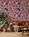 Faded Lattice dusty pink and purple abstract camouflage wallpaper in a warm and inviting living room