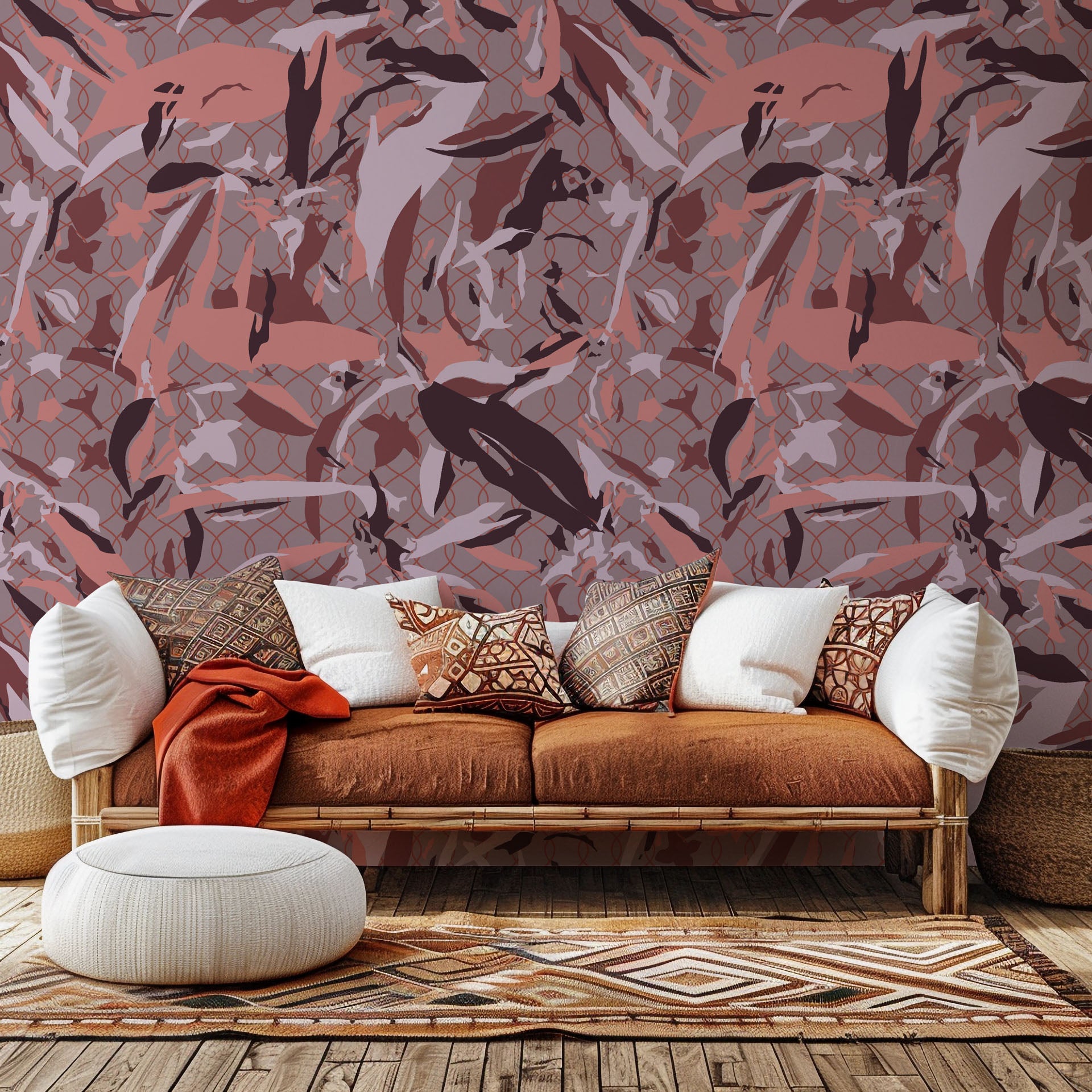 Abstract lattice design wallpaper in pink and maroon camouflage, sold as a peel-and-stick product, named Faded Lattice.