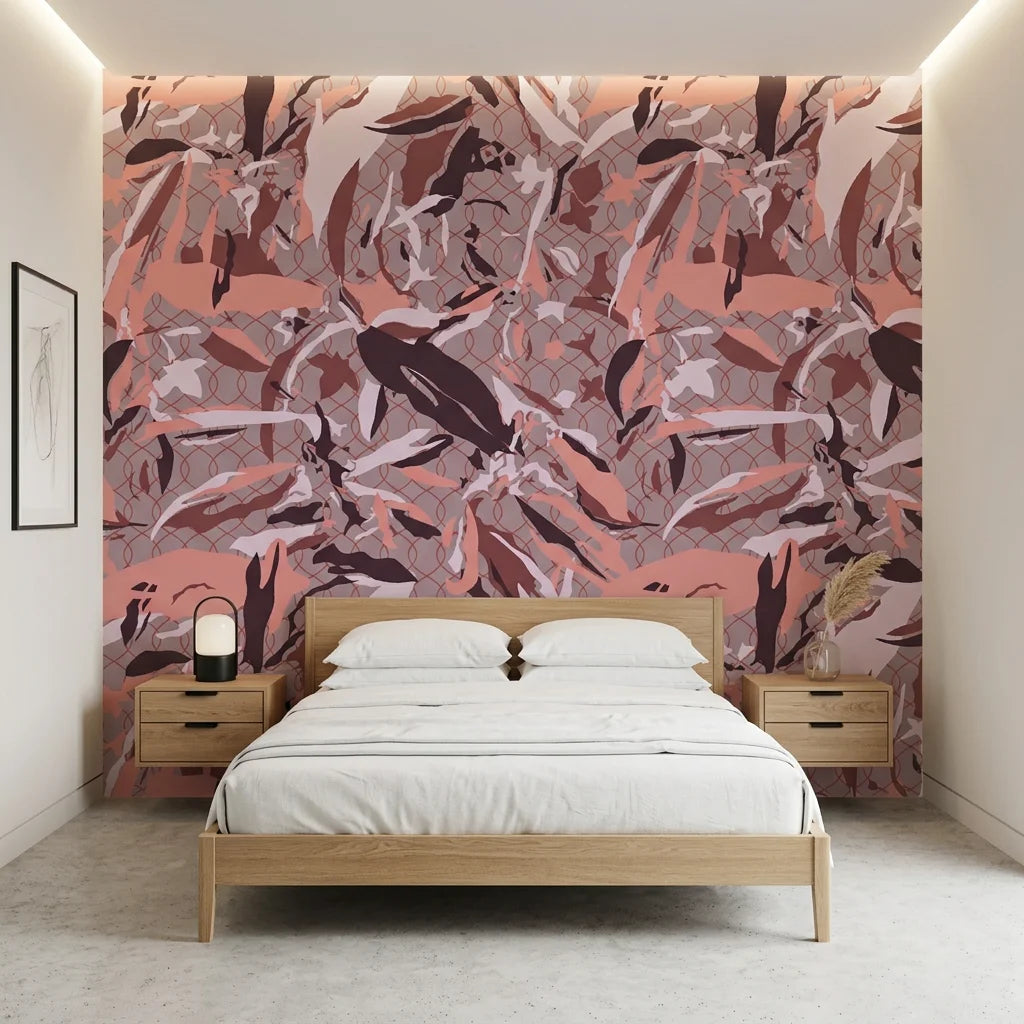 Faded Lattice dusty pink and purple abstract camouflage wallpaper adding character to a cozy bedroom