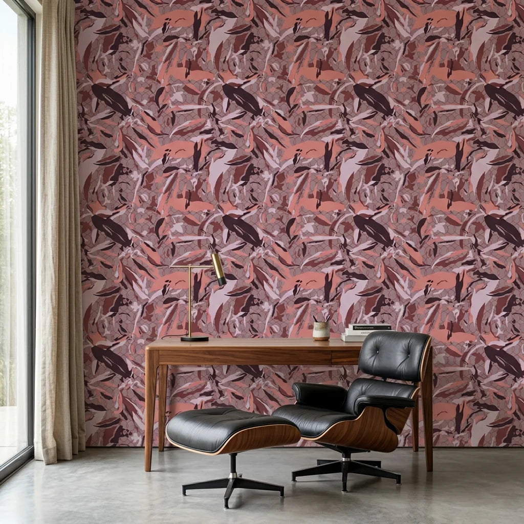 Faded Lattice dusty pink and purple abstract camouflage wallpaper as a feature wall in a bright home office