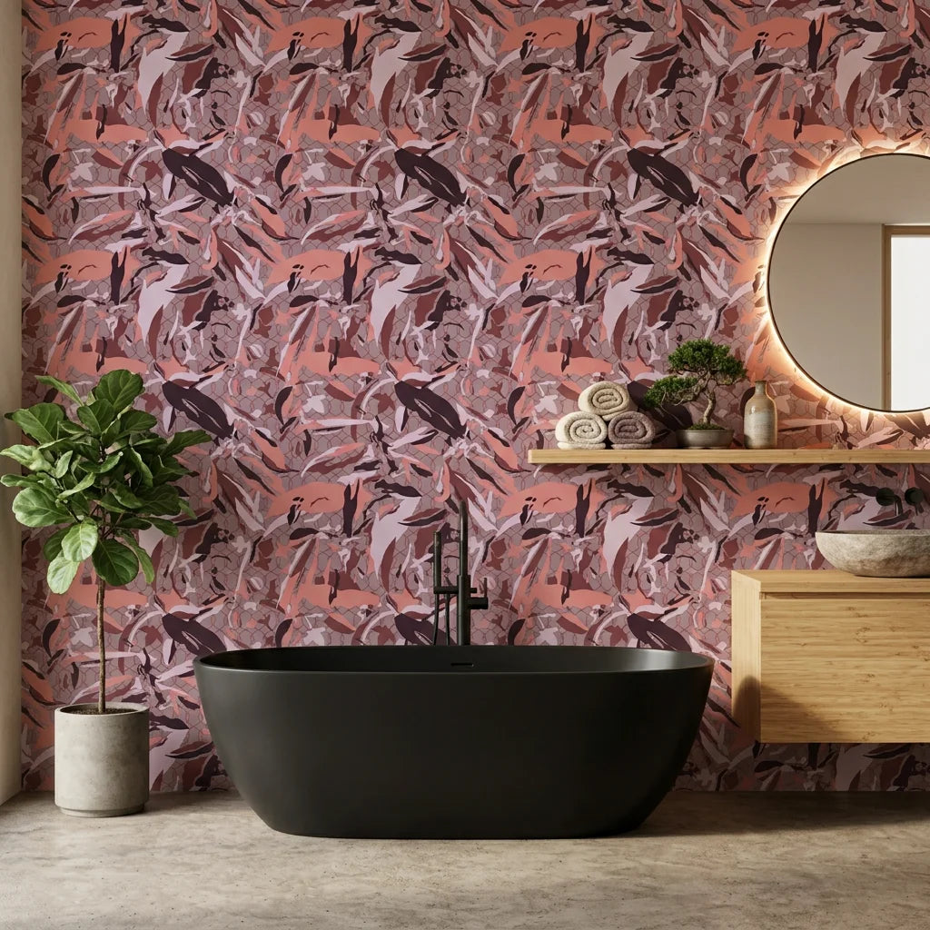 Faded Lattice dusty pink and purple abstract camouflage wallpaper creating ambiance in a serene bathroom