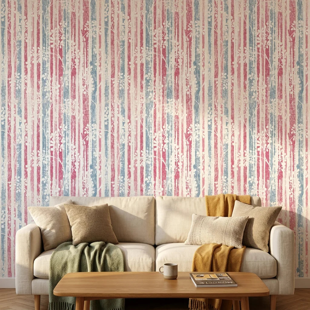 Textured light pink and blue floral peel and stick wallpaper - Faded Orchard Drift